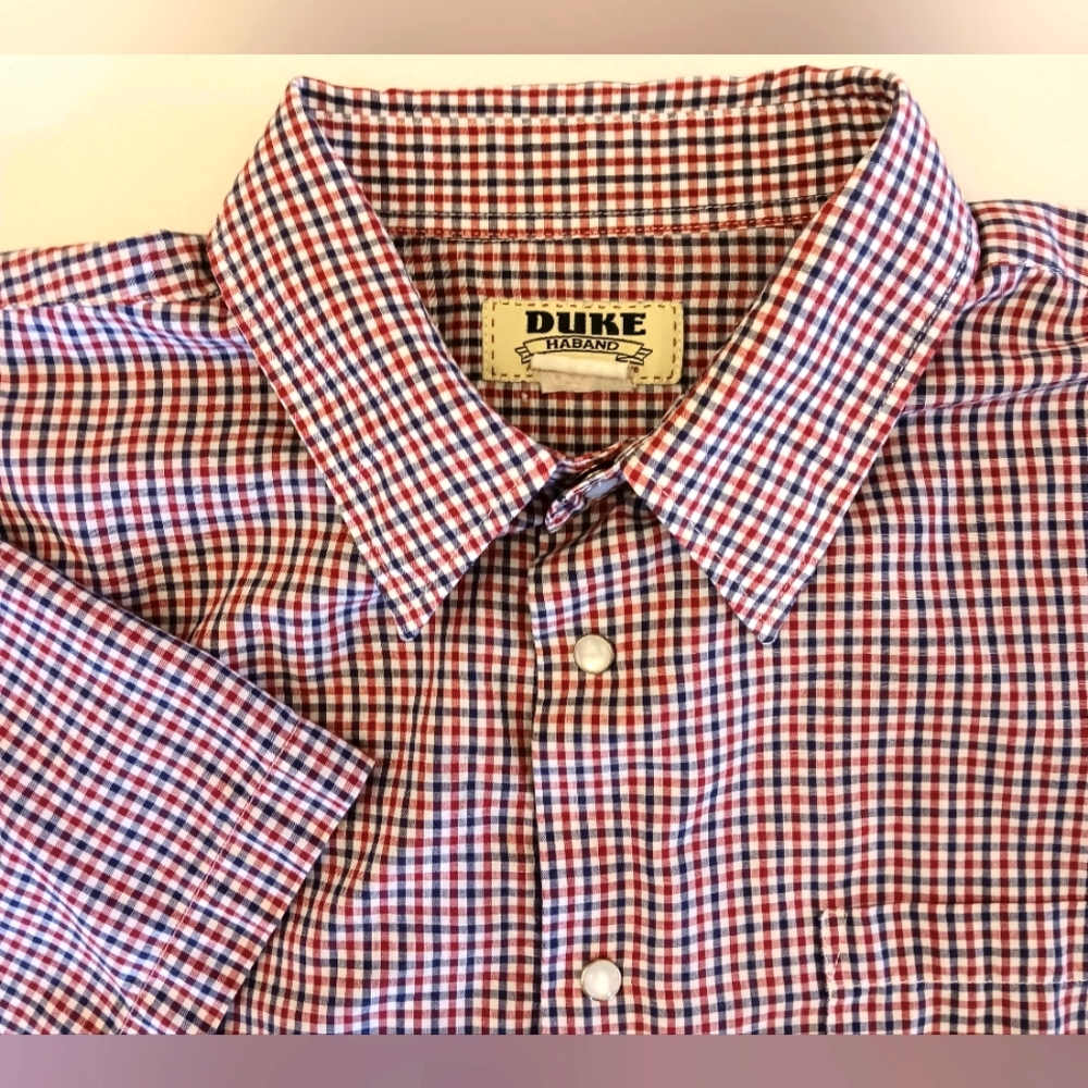 Vintage Duke Haband cotton gingham, pearl snap, short sleeve shirt.  XL